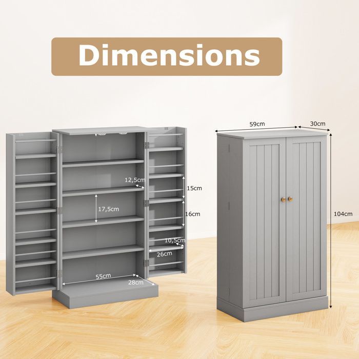 Buffet de Cuisine 104CM COSTWAY, Portes Ouverture à 180°, Étagères Réglables, Kit Anti-Basculement, pour Salle à Manger Salon, Gris