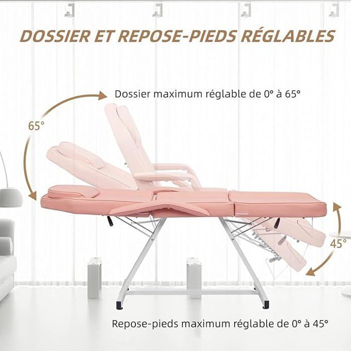Camilla de masaje con estructura de hierro, patas y respaldo ajustables con taburete, 186 x 82 x 70 cm, color rosa.
