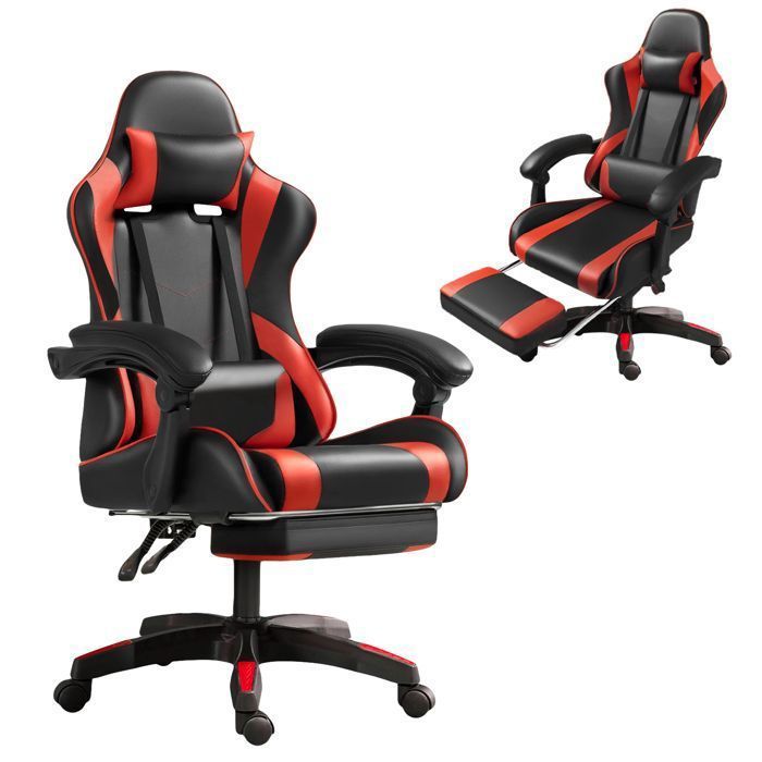 Frixovel Gamingstoel, Verstelbare Bureaustoel, Gamingstoel met Uitschuifbare Voetsteun (Zwart en Rood)