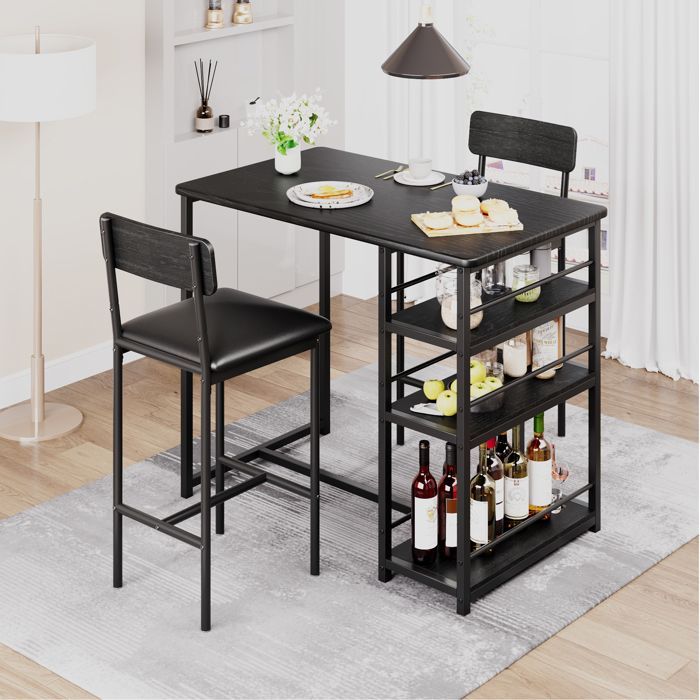 DINING TABLE WITH CHAIRS - Bar table set with 2 stools 91x50x91cm - for dining room, kitchen - Black
