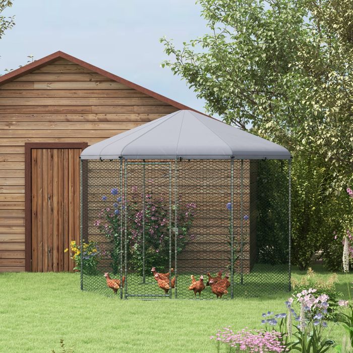 Recinto para gallinas - PawHut - aviario/jaula hexagonal de 5 m² con malla de alambre galvanizado - acero - 5-8 gallinas - plata