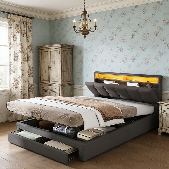 Structure de lit - SUNFECILI - 140x190 cm - avec sommier - éclairage LED - 2 tiroirs de rangement