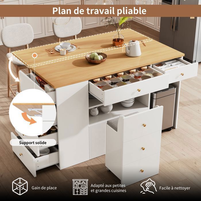 Isla de cocina con 6 cajones y taburetes, aparador con taburetes de bar, mesa de comedor extensible de 140x40 a 70x89 cm, color blanco.