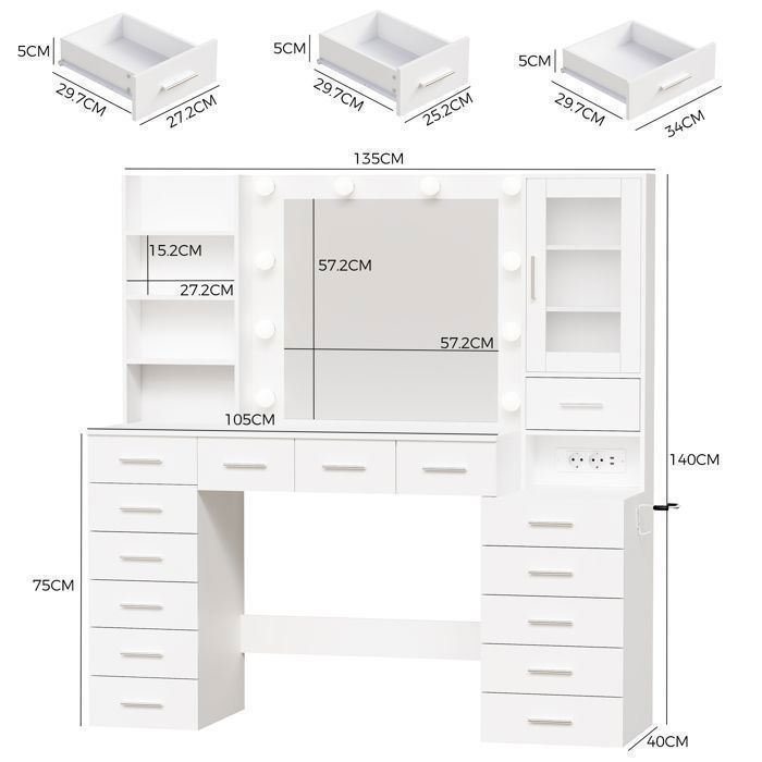 Coiffeuse Grande avec Miroir , LED Réglable, Prise et Port USB, 15 Tiroirs, 135X40X140cm，Blanc