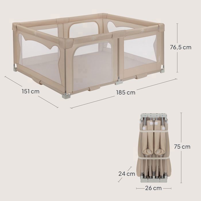 Parque infantil de 180x150 cm - LIONELO Florence - Montaje muy rápido - Espacio extragrande - Para interior/exterior - Bolsa incluida - Beige