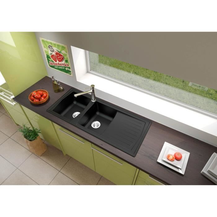 STRADOUR Evier cuisine à encastrer 2 bacs + 1 égouttoir Arena - Résine - 116 x 50 cm - Noir
