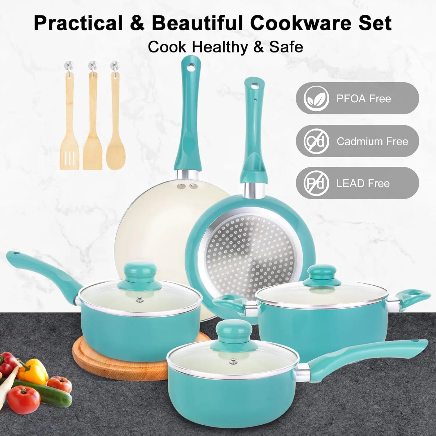 Ensemble de casseroles et poêles antiadhésives, 11 pièces, compatible induction, en céramique.
