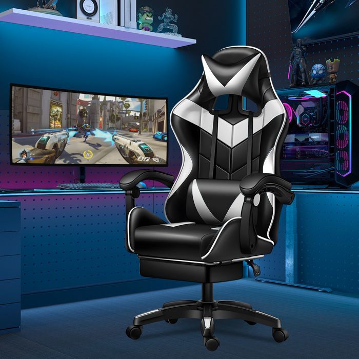 Silla gaming ergonómica con función de masaje, soporte lumbar, reposacabezas y reposapiés, altura regulable e inclinación de 90° a 135°.