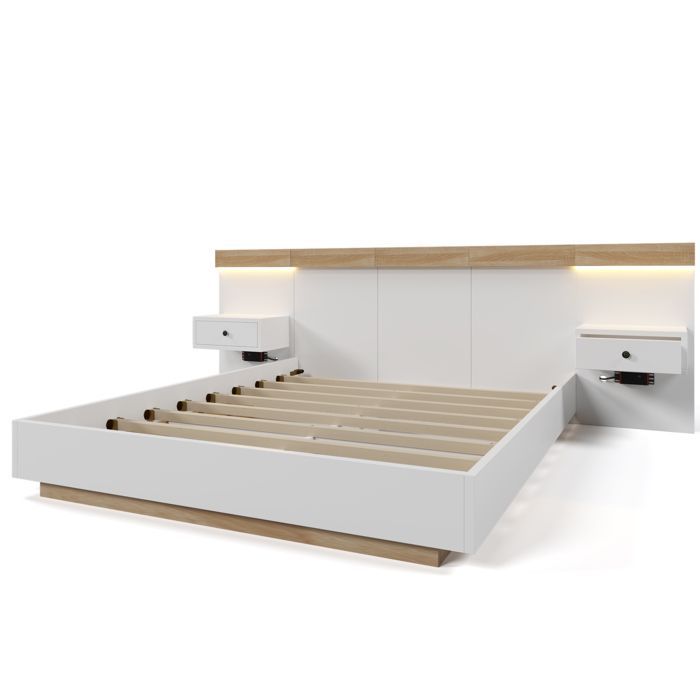 Lit Double 160x200cm Bois Chêne Sonoma&Blanc - 2 Tables De Chevet LED USB-C - Chambre Complète 205x264x90,5 Cm(sans Matelas)