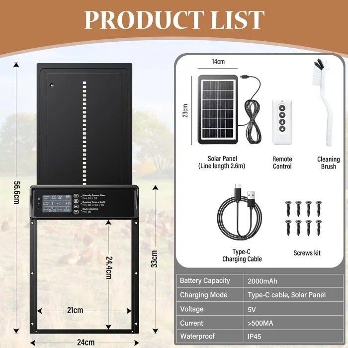 Porta automatica per pollaio - MOURSIIEN - Alimentazione solare - Display a LED - Telecomando - Timer