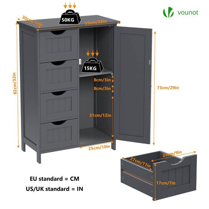 VOUNOT® Baderomsskap 55x30x82cm - Oppbevaringsskap med 4 skuffer, 1 dør, 1 justerbar hylle - Grå