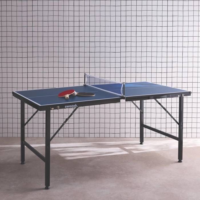 Mini mesa de ping-pong azul para interiores, 150x75cm, con 2 paletas y 3 pelotas.