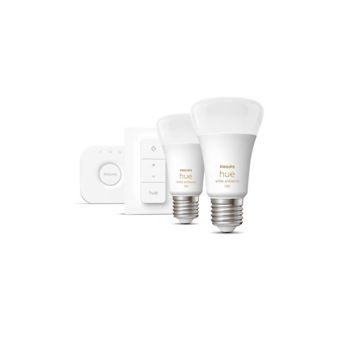 Kit de inicio de bombillas LED inteligentes PHILIPS Hue blancas - 10,5 W - Paquete de 2 bombillas E27 - Control remoto Hue - Puente - Enchufe inteligente