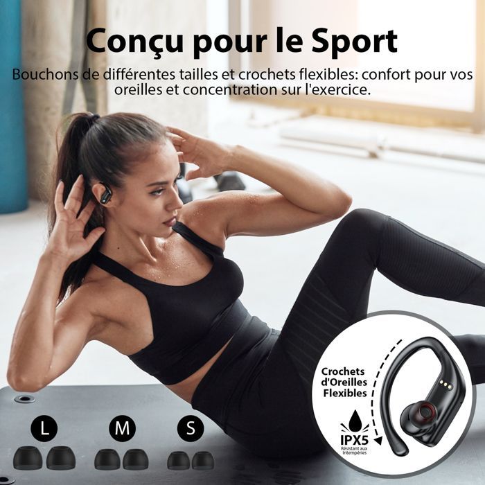 VEATOOL Écouteur Sportif Sans Fil Bluetooth 5.1 Étanche IPX5 Son Stéréo Autonomie 48h Micro Intégré Noir