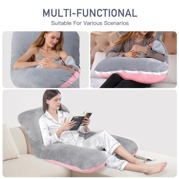 Coussin de Grossesse - Oreiller pour Femme Enceinte en Forme de U pour Dormir -Rose et Gris Foncé - Velours