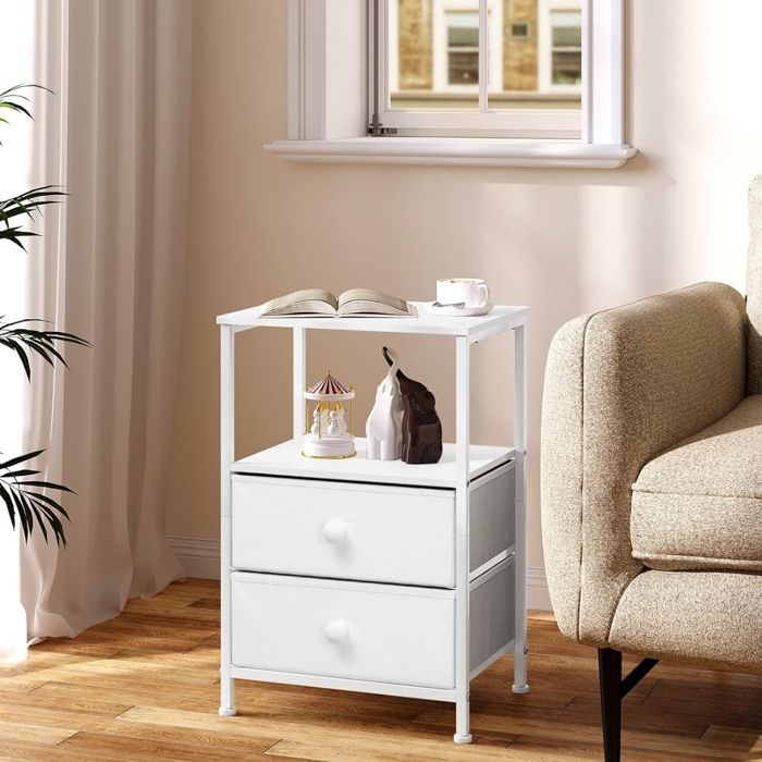 Comodino EUGAD, 2 cassetti in tessuto, tavolino moderno, in legno e metallo, bianco E0EG0072