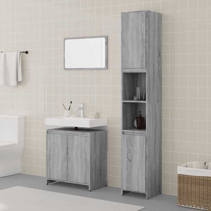 Grå badrumsmöbelset med 3 delar, SARAZYJ, MODERN TOALETTSKÅP, Sonoma grå E583