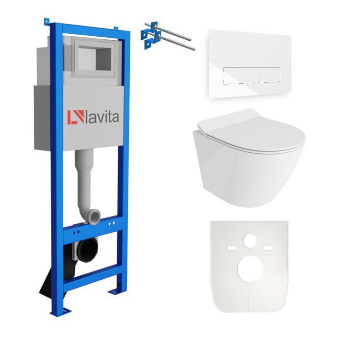 Lavita LAV101 WC frame element 40cm + SOGO SLIM wall-hung toilet, white, rimless + LAV3.1 white flush plate | Complete set |