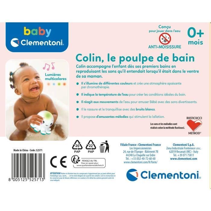 Juguete interactivo de baño Baby Clementoni: Colin, el pulpo luminoso y musical.