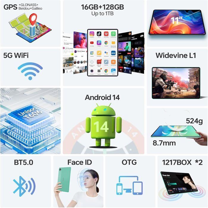 Tablette Tactile 11 Pouces OUKITEL OT11, Android 14, 16Go+128Go Octa-Core, 5G Wifi, 4G SIM 8000mAh, Tablette avec Stylet, Violet