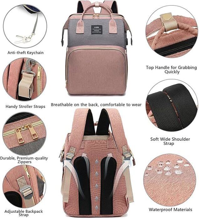 Mochila para fraldas de bebê de grande capacidade com trocador, bolsa de viagem multifuncional à prova d'água, rosa/cinza