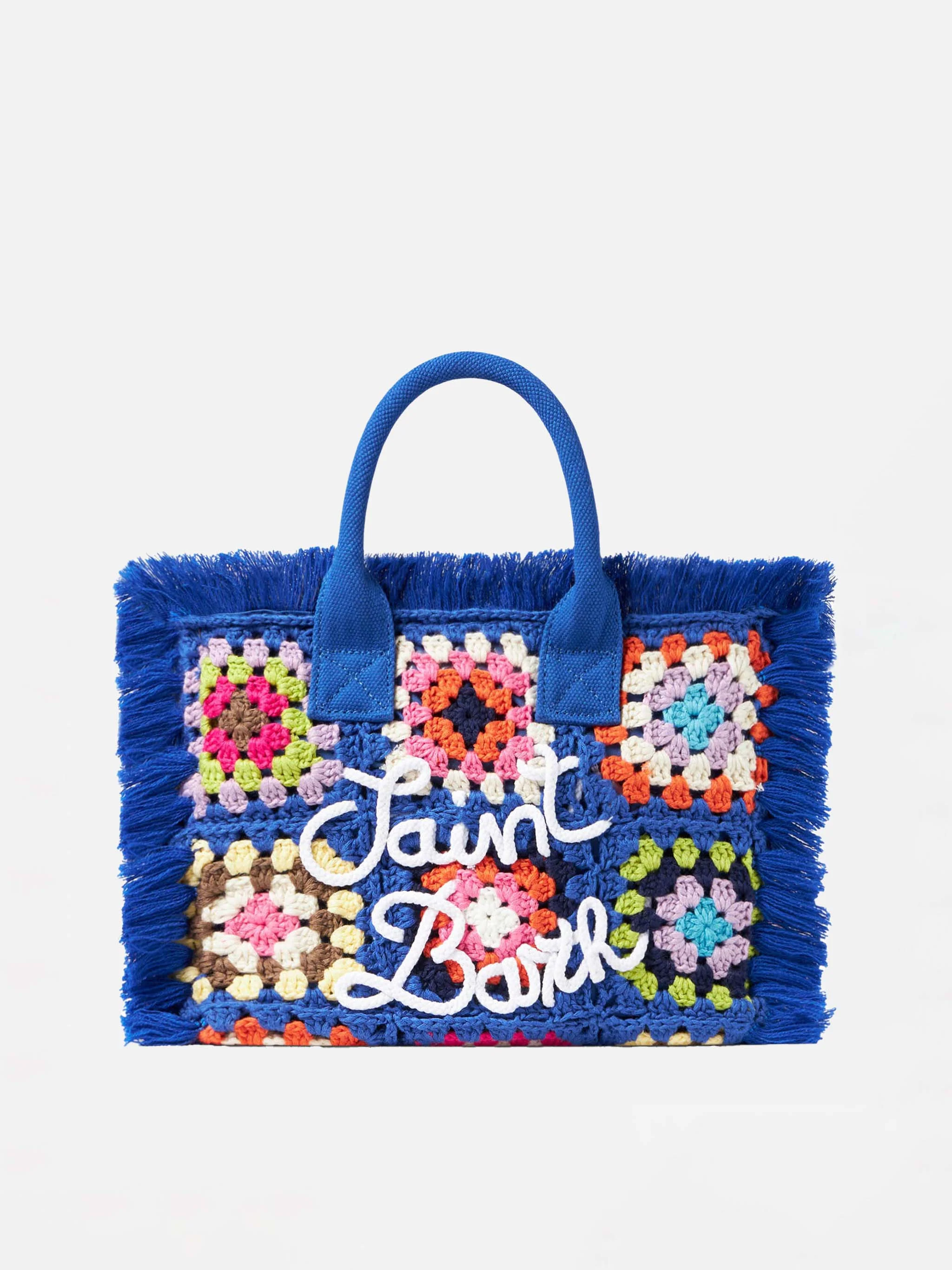 Colette Blue Crochet Handbag with Saint Barth Logo | Metal Zip Flap & Inside Zip Pocket | 26 x 14 x 23 cm | 100% Cotton | MC2 Saint Barth