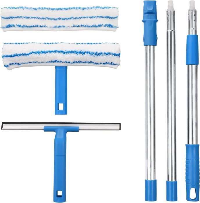 Limpiacristales con mango telescópico (120 cm), limpiacristales con rasqueta de silicona y cepillo de microfibra, kit
