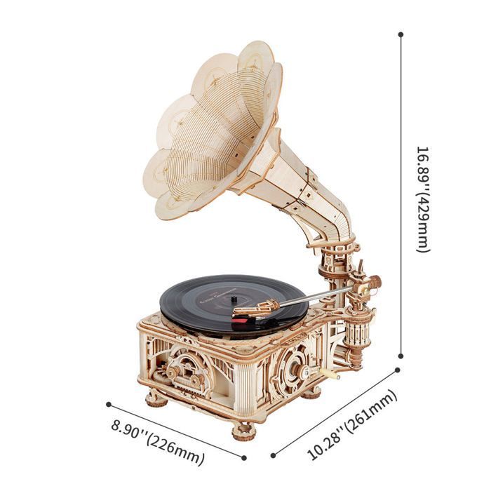 3D-Holzpuzzle – ROBOTIME ROKR Klassisches Grammophon (elektrische Version, mechanischer Bausatz)