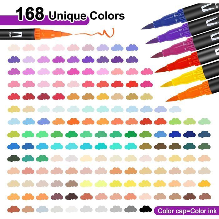 Coloring Markers - OTBACT - 168 Colors - Flexible Dual Tip - Watercolor - Mixed