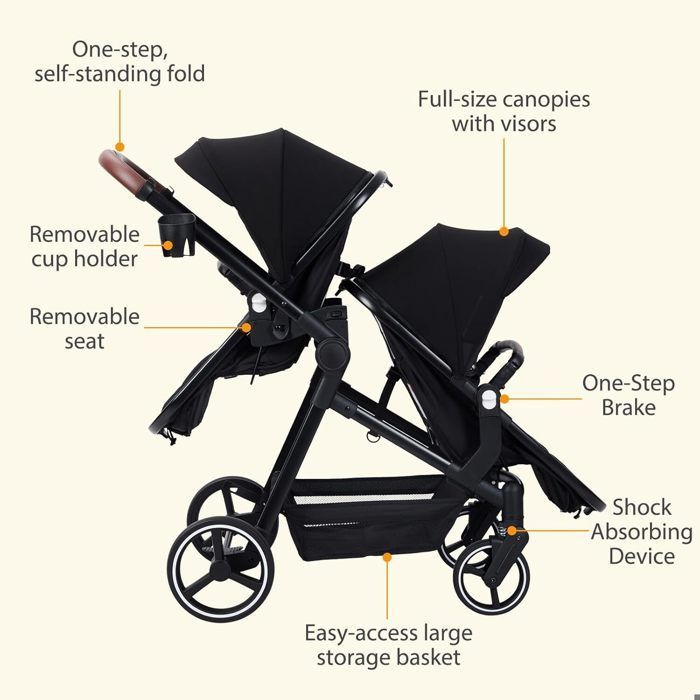Cochecito doble ligero, carrito de viaje plegable, cochecito tándem compacto con asientos reversibles, desde el nacimiento hasta los 36 meses.