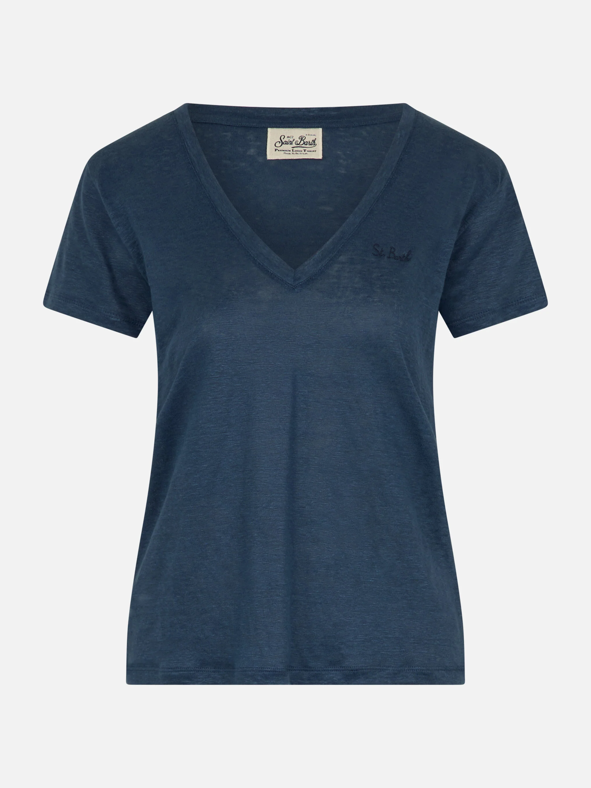 Eloise T-shirt met V-hals in marineblauwe linnenjersey