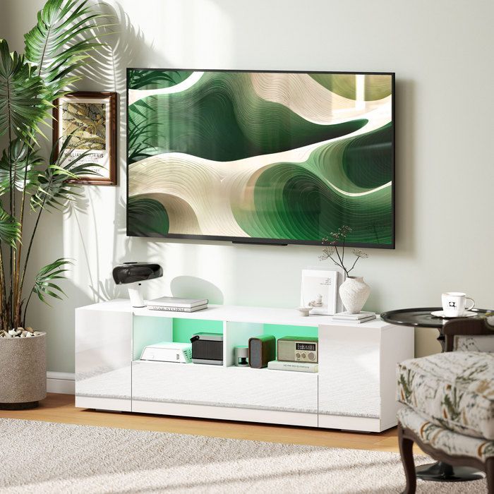 Mobile porta TV a LED - HOMCOM - Supporto TV da 140 cm con 3 vani, fino a 60 pollici, illuminazione regolabile, finitura lucida - legno - 140 cm - bianco