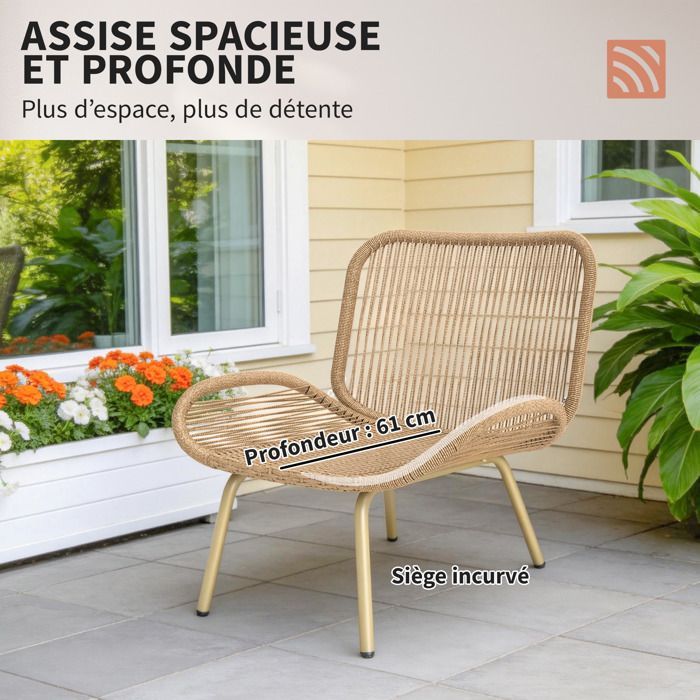 Conjunto de muebles de jardín de resina y mimbre - Outsunny - Cojines de 12 cm de grosor, sofá de 138 cm, 2 sillones y mesa - Beige
