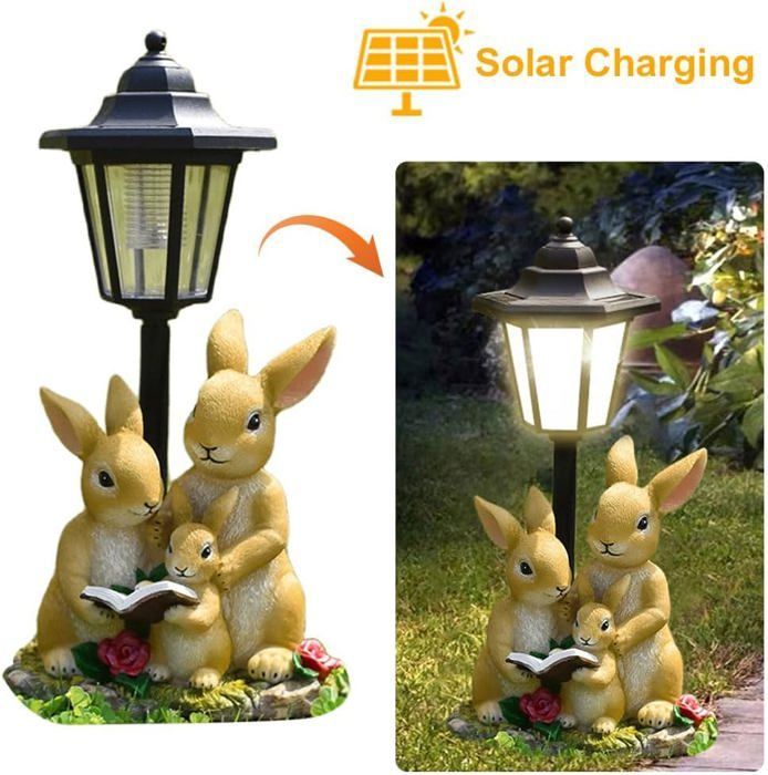 Statua solare da giardino per esterni, statua di coniglio da giardino per famiglie con lanterna solare, decorazione da giardino