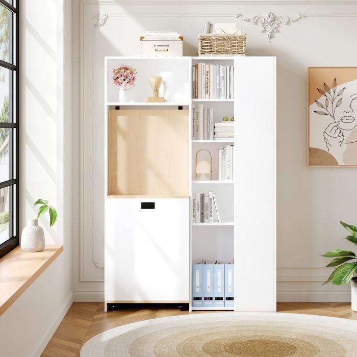 Scrivania pieghevole 104,5x30,5x160 cm - Con libreria - Porte USB - Ripiani regolabili - Con rotelle - Bianco+naturale