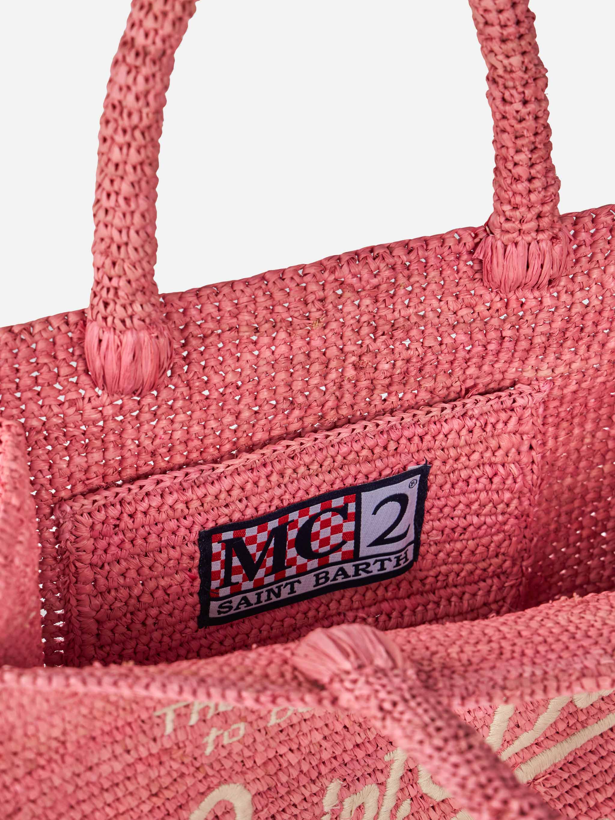 Colette-väska i rosa raffia med broderi