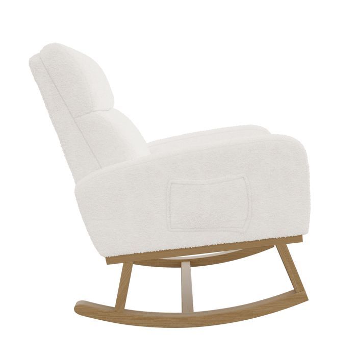Sedia a dondolo - Bianca - Tessuto Sherpa - Gambe in legno massello - Stile scandinavo