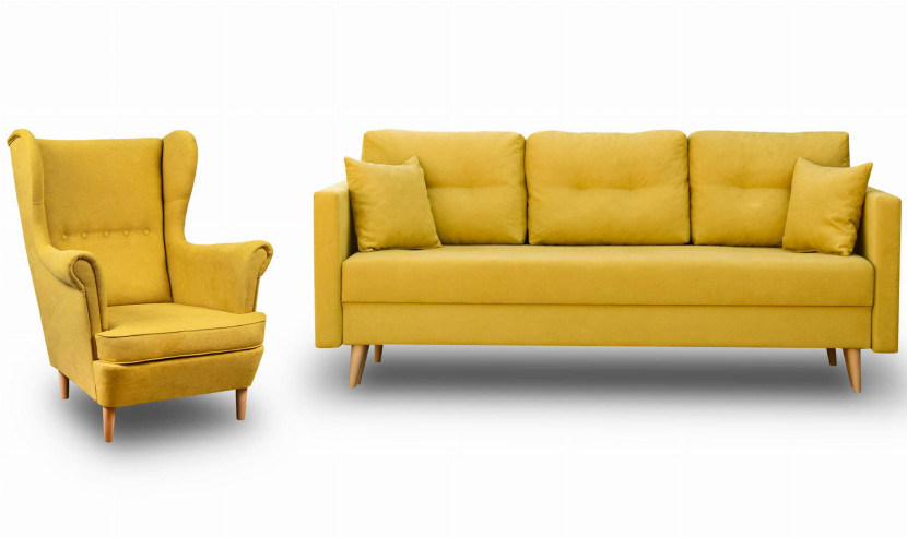 Zestaw skandynawski sofa i fotel Lahti/Denver Musztardowy
