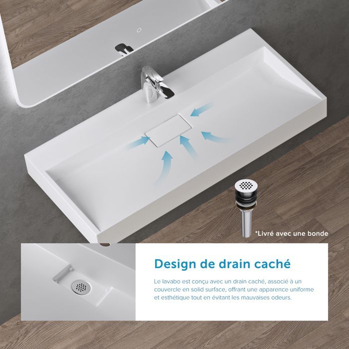 Lavabo mural Doporro con desagüe, lavabo de encimera, blanco mate, 50x38x11cm, lavabo rectangular con orificio para taladrar, Colossum19