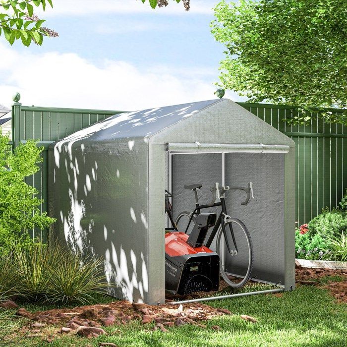 Abri de jardin - Outsunny - porte enroulable fermeture éclair - pour vélo, moto, bois, outils - 160 x 218 x 172 cm - gris clair