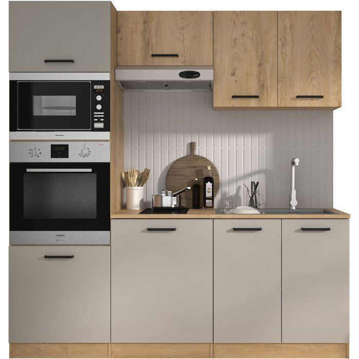 ALPAGA - Cucina completa - Rovere Silva / Greige - 200 x 60/31 x 211 cm - Con colonna forno e piano di lavoro - GAMI