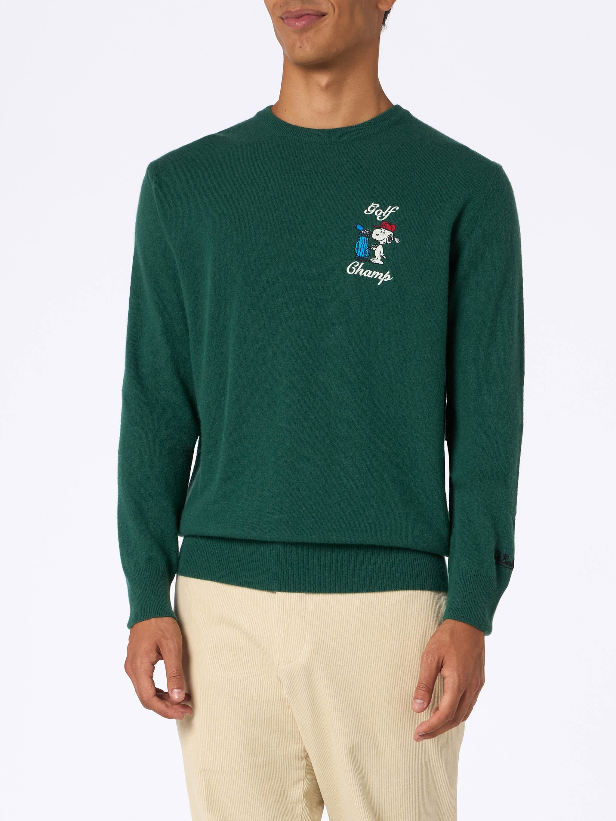 Maglione da uomo verde Heron con ricamo golf champ Snoopy | EDIZIONE S