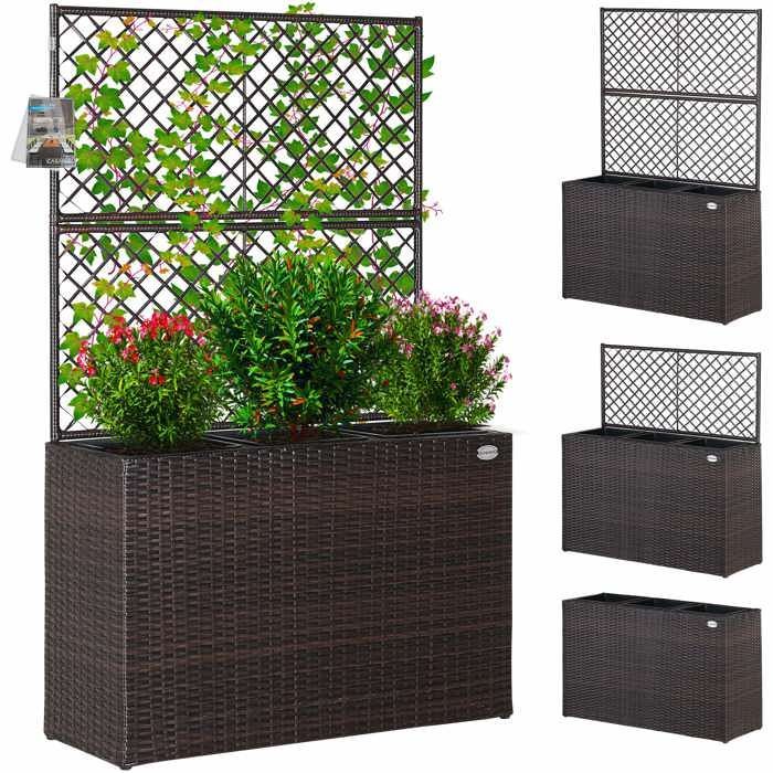 Jardinière en polyrotin avec treillis brun 146 x 83 x 30,5 cm Set de 3 pots de fleurs pour jardin maison balcon