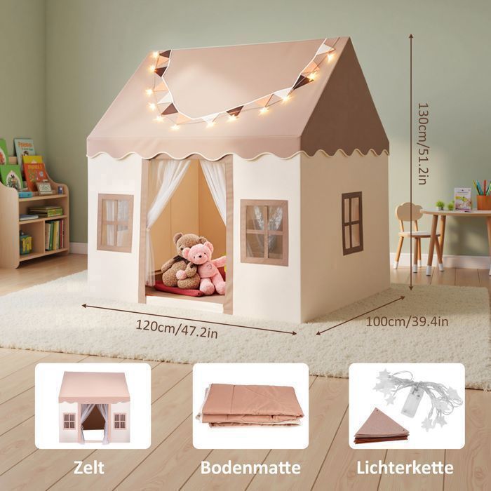 Tenda da gioco per bambini, casetta da interno con tappeto e luci decorative da 3 m, 3 finestre - per bambini dai 3 ai 13 anni - color kaki