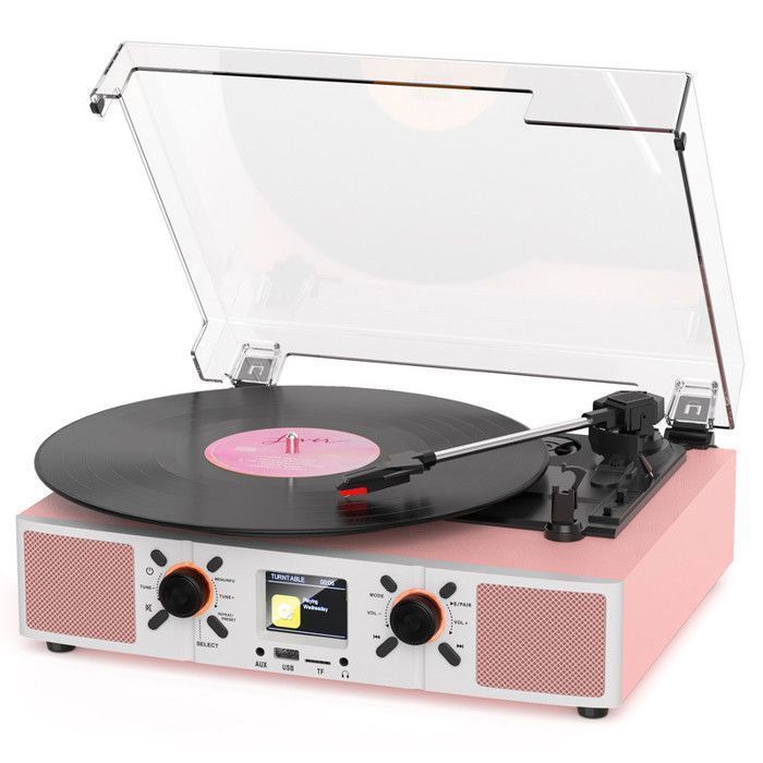 TANLANIN DT2032 Bluetooth Turntable with DAB/DAB+ Radio Alarm Clock Function - For 33/45/78 RPM Records - Hi-Fi Music Equipment - Pink