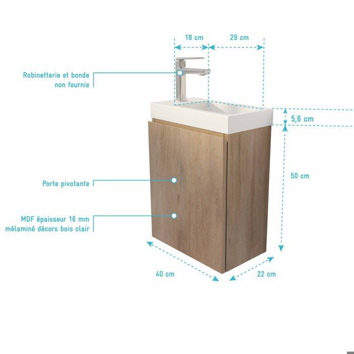 Mueble de baño básico con acabado en madera, 40x50x22 cm, con lavabo SMC blanco.