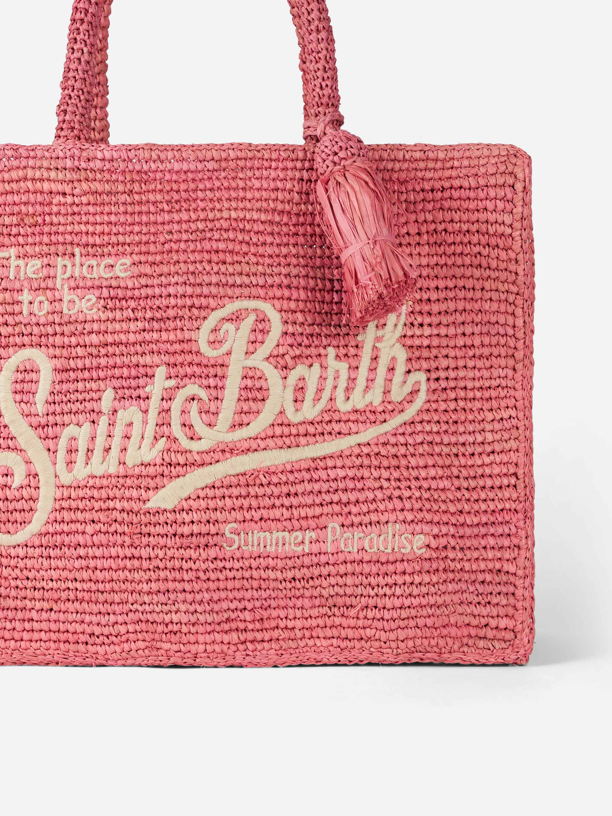 Colette-Tasche aus rosa Bast mit Stickerei
