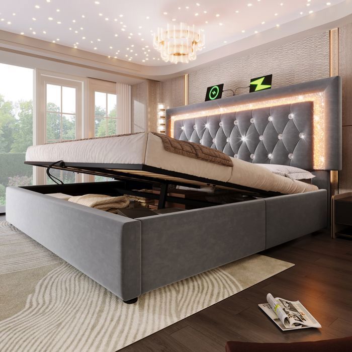 Cama con almacenamiento - Becag - Cama doble tapizada de 140x200cm con LED y USB Tipo-C, cama para adultos con almacenamiento hidráulico, terciopelo gris