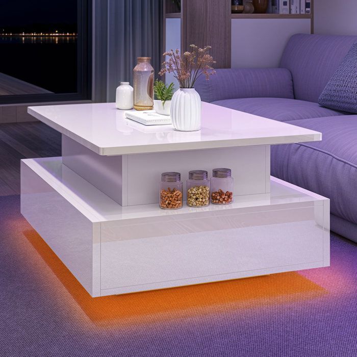 YITAHOME Table Basse Relevable, Table de Salon Rectangulaire avec LED 16 colorées et 2 Tiroirs, Surface avec Lumière Elevée, Blanc