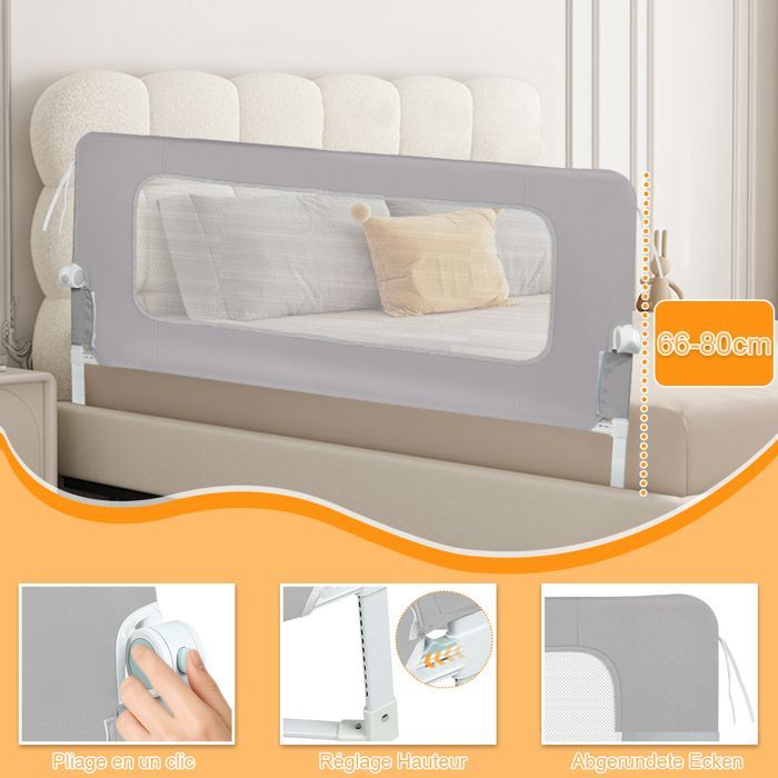 MIPAN. Barandilla para cama de bebé - Barandilla para cama de adulto - Barra de seguridad para cama - Ensanchada - Ajustable + Plegable + Anticaída - Gris